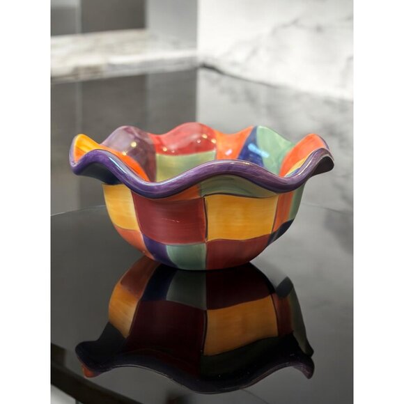 Tabletops Gallery Caracas Hand Painted Ruffle Bowl Multicolored Check Block desi - Picture 1 of 7